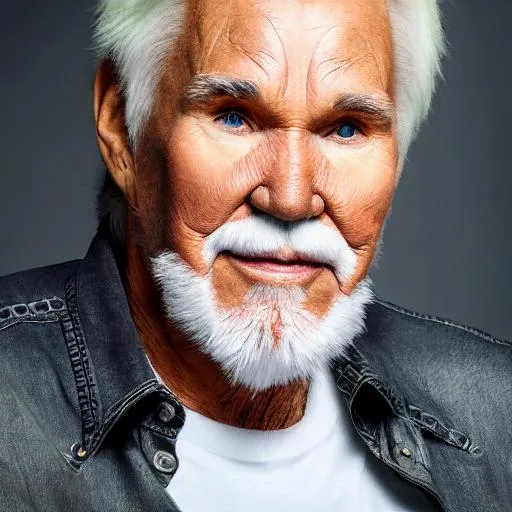 Prompt: photo realistic portrait of {Kenny Rogers}, centered in frame, facing camera, symmetrical face, ideal human, 85mm lens,f8, photography, ultra details, natural light, light background, photo, Studio lighting