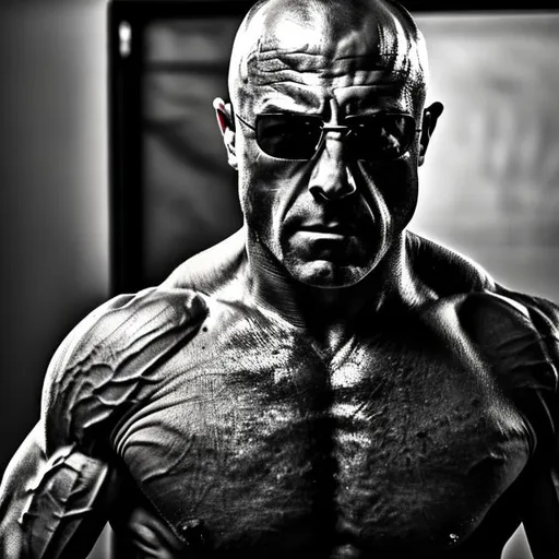 Prompt: grayscale picture of ripped Joe Rogan facing forward with sunglasses in black background