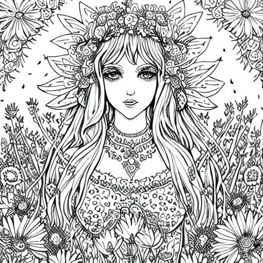 Prompt: Black and white coloring page of a goddess in a field of flowers