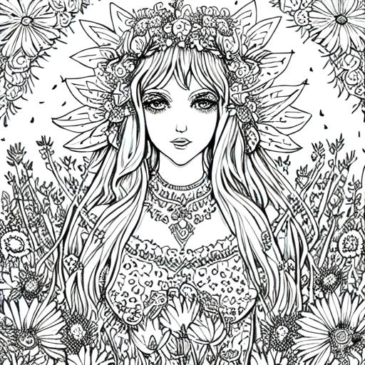 Black and white coloring page of a goddess in a fiel... | OpenArt