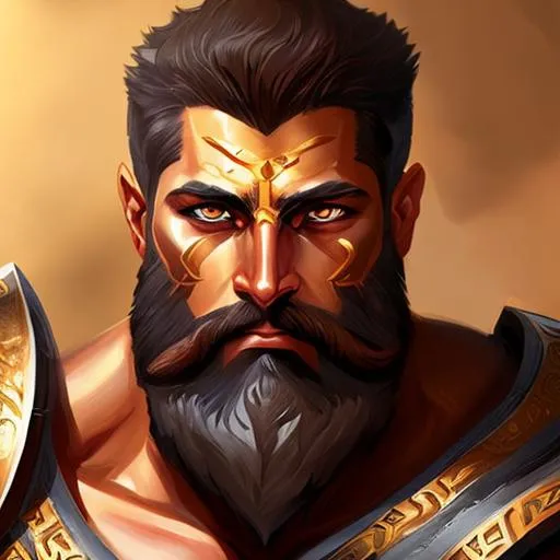 Prompt: Portrait of male KING LEONIDAS SPARTAN, amber eyes, face, muscular, fantasy, intricate, elegant, thick beard highly detailed, digital painting, artstation, concept art, smooth, sharp focus, illustration, art by artgerm and greg rutkowski and alphonse mucha