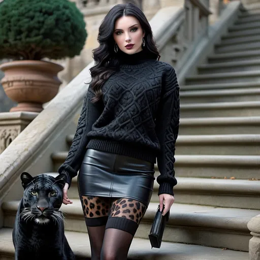 Prompt: beautiful pale-skinned woman, black hair, exterior stone staircase, pet black leopard, all black ensemble (knit sweater, hosiery, leather jacket, miniskirt, gogo boots), intricate face, high detail, 8k photo, photorealism, outdoor setting, detailed hair, detailed clothing, realistic lighting