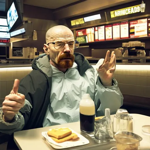 Prompt: Drunk Walter White. at hesburger

