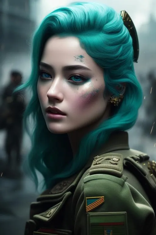 Prompt: ((best quality)), ((masterpiece)), ((realistic)),((theyeboy)) (detailed) illustration photographic , beautiful face, attractive soldier woman,  aqua hair colour, perfect composition, hd octane render, messy wob cut,battlefield background, damaged military dress ,high resolution scan, masterpiece, hyperrealism, delicate detailed complex, highly detailed, intricate detailed, volumetric lighting, light reflection, highly detailed concept art, trending on artstation, vivid colors, melancholic, loneliness, depressing, hopelessness, suffering
(((close up face shoot))), dim lights, 8k uhd, realistic, Nikon z9, raytracing, focus face, (sharpness:2. 0)