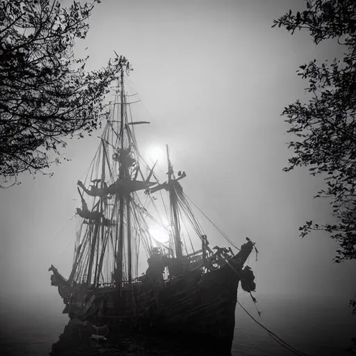 Prompt: Ghost ship creepy in the dark, fog horror, photo, real, hd, 2k, hyperrealistic.