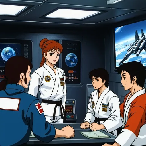 Prompt: the space fighters get an income call from general on the screen while training karate on the ship anime.