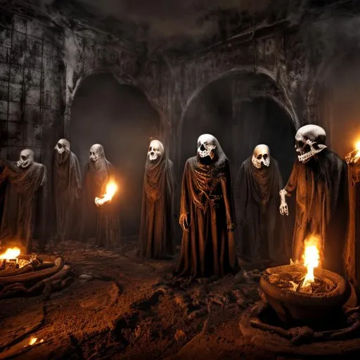 Prompt: ghosts, skull, in hell, fire, souls, spooky, scary
