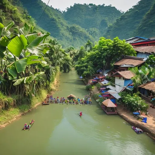 Prompt: river, small village, vietnamese girls, clear sky, peaceful, kite, Non la, banana tree, relaxing, embracing, cooking
