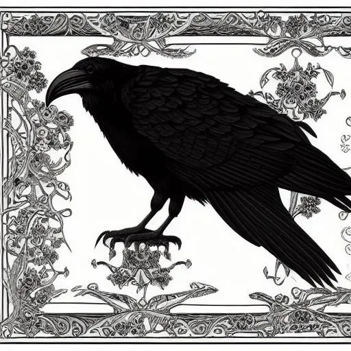 Prompt: Dynamic raven in centre, In the style of arts and crafts movement, victorian occult style, plain black background, white lines, ink illustration, detailed fine lines, detailed lines, high resolution, (clean lines:1.3), sharp image, detailed matte painting, intricate detail
