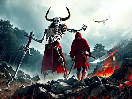 Prompt: minotaur skeleton in red robes, exposed bones, death, weilding a two handed axe, battlefield in background, by Wayne Reynolds