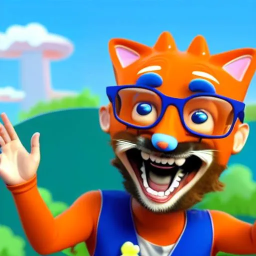 Prompt: "Blippi" sits in car. Does the "soy face" look with the mouth open wide.  Blippi looks very excited and waves, Sits in a small blue car and waves.Next to the car sits a  hyper realistic cat. Cartoonish background, Children show background, sunny day.