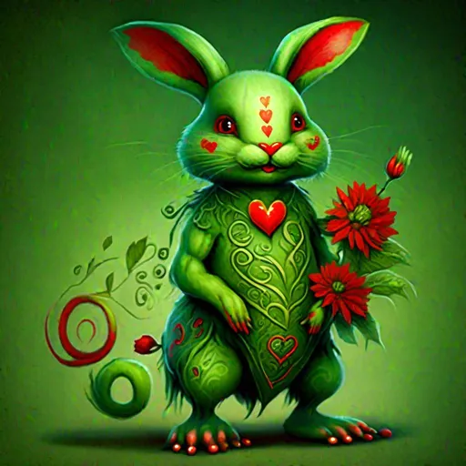 Prompt: Bipedal creature resembling a green rabbit, heart tattoo, red flower on head, happy expression, caterpillar tail, masterpiece, best quality, in ethereal fantasy style