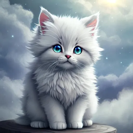 Prompt: Cute, very, very, light gray, fluffy, fantasy light kitten, with cloudy, white eyes, very, light, light, gray fur, and possessing the element of air and making circles of clouds and air move around in the air in a magical way, in a space background. Perfect features, extremely detailed, realistic. Krenz Cushart + loish +gaston bussiere +craig mullins, j. c. leyendecker +Artgerm.