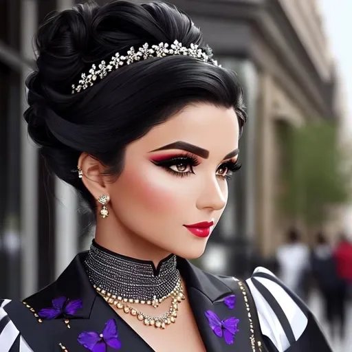 Prompt: A beautiful black haired woman, hair in updo, stylish makeup