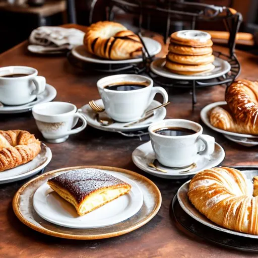 Prompt: iron table with full coffee cups, a lot of french pastry on separate plates