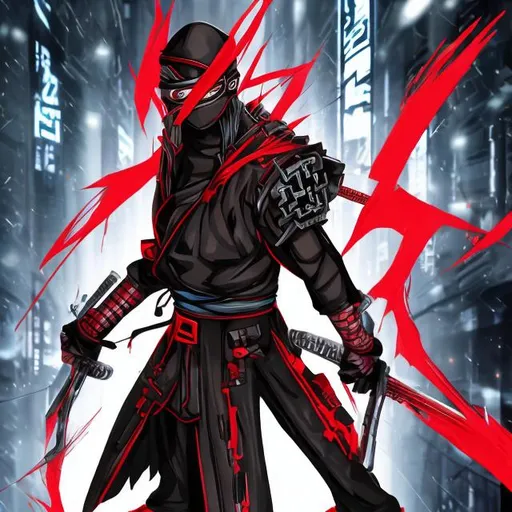 Prompt: anime cyber ninja with the colors red and black