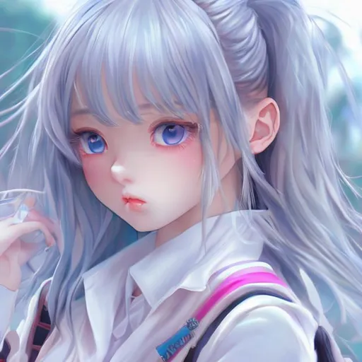 Prompt: pretty anime girl jennie realistic  white hair hd blue pink eyes art vietneam super real super creative dreamy look with uniform and school bag lovely look chieldish look university