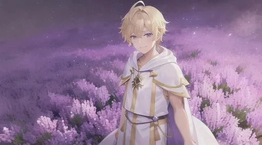 Prompt: 1 male teenager, Blonde haired, Wearing white robe Mage robes with hood that have magic stone ornaments, Smart-looking, Standing and look up to the camera,smiles ,shot from above, 

Standing on a Lavender fields, Purple pollen blowing though the scene, Masterpiece, Most Beautiful Landscape