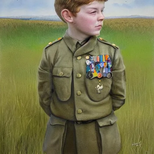 Prompt: A painting of a young Irish lad wearing an army uniform, natural light, in a field, with pastel colors, by Paul Kidby