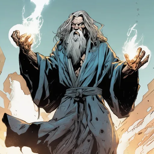 Prompt: Art style is apocalyptic comic book as in the Marvel comic books but a bit more realistic. A wizard wearing a robe and looking beat up, long hair. Arms are in A position. 
