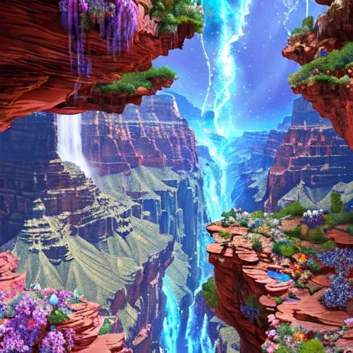 Prompt: intricate landscape of nymphs in the universe, grand canyon, open bubbles, metal, color, flowers, ornate, intricate, flowing, neon, led, fractals, hyper-detailed, 64K, UHD, HDR, unreal engine, vivid colors