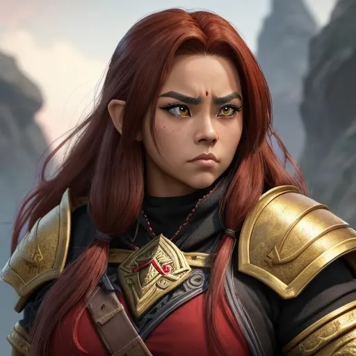 Prompt: masterpiece, splash art, ink painting, beautiful pop idol, D&D fantasy, (25 years old) lightly tanned-skinned gold Dwarf barbarian female, ((beautiful detailed face and large eyes)), ((short, stocky, dwarf proportions)), raging expression, medium length red hair, serious expression looking at the viewer, wearing detailed hide armor holding a huge battle axe above in one hand #3238, UHD, hd , 8k eyes, detailed face, big anime dreamy eyes, 8k eyes, intricate details, insanely detailed, masterpiece, cinematic lighting, 8k, complementary colors, golden ratio, octane render, volumetric lighting, unreal 5, artwork, concept art, cover, top model, light on hair colorful glamourous hyperdetailed medieval city background, intricate hyperdetailed breathtaking colorful glamorous scenic view landscape, ultra-fine details, hyper-focused, deep colors, dramatic lighting, ambient lighting god rays, flowers, garden | by sakimi chan, artgerm, wlop, pixiv, tumblr, instagram, deviantart