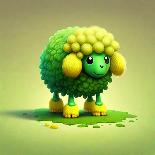 Prompt: Bipedal creature resembling a green sheep with yellow wool, yellow mop of hair, slightly slimy, masterpiece, best quality, in kirby style