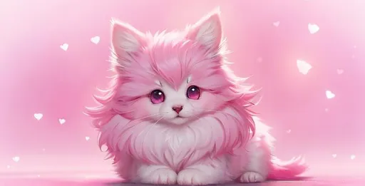 Prompt: Cute, pink, fluffy, fantasy love puppy, with light, pink eyes, very, pink fur, and possessing the element of love and making circles of hearts move around in the air in a magical way, background with pink hearts. Perfect features, extremely detailed, realistic. Krenz Cushart + loish +gaston bussiere +craig mullins, j. c. leyendecker +Artgerm.