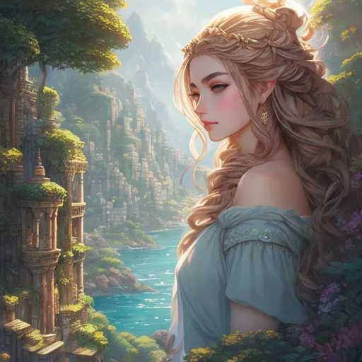 Prompt: Greek Mythology,  adventurer, DnD concept art, In a busy market, half body portrait, detailed face, detailed vibrant eyes, full eyelashes, ultra detailed accessories, magic, city background, dnd, artwork, fantasy,inspired by D&D, concept art, ((looking away from viewer)), ((Art inspired by studio ghibli))