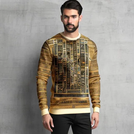 Prompt: Men's winter (black) wool sweatshirt inspired by the ancient Pharaonic civilization and written on it in golden color in the ancient Egyptian language I am Egyptian