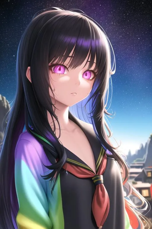 Prompt: 
colorful detailed school background,

intricate detailed breathtaking colorful scenic view landscape 3D anime, beautiful detailed cute face, petite young small body, detailed intricate flying hair, stray hairs, hyperdetailed complex,

Anxious, drippy clothes, women, long hair, portrait, black hair color, big chest, 

detailed glowing light, studio lighting, cinematic light, highly detailed light reflection, iridescent light reflection, beautiful shading, impressionist painting,

volumetric lighting maximalist photo illustration 64k, resolution high res intricately detailed complex,

key visual, precise lineart, vibrant, panoramic, cinematic, masterfully crafted, 64k resolution, beautiful, stunning, ultra detailed, expressive, hypermaximalist, colorful, rich deep color, vintage show promotional poster, glamour, anime art, fantasy art, brush strokes,