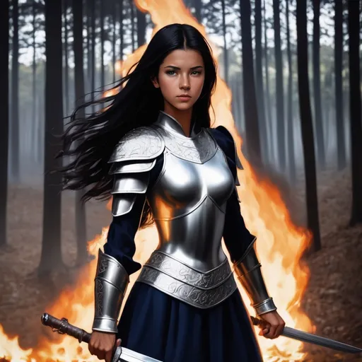 Prompt: Girl 17 years old, silver armor with horse shoe on chest,  navy long sleeve shirt under the armor, black leggings, long dark hair, almond shaped eyes, tanned skin, holding sword, burning trees in background