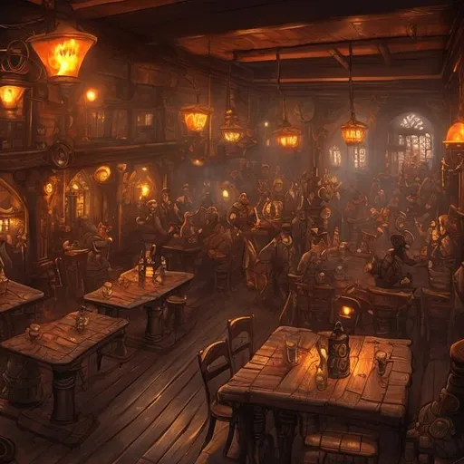 Prompt: steampunk fantasy tavern with warm tones