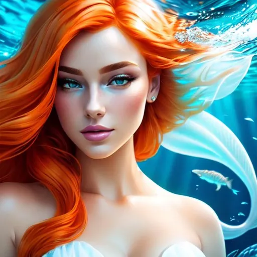 Prompt: a beautiful mermaid with pale skin and orange hair, 4k,  facial closeup



