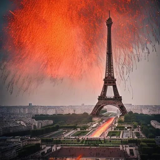 rain of fire balls on Eiffel tower