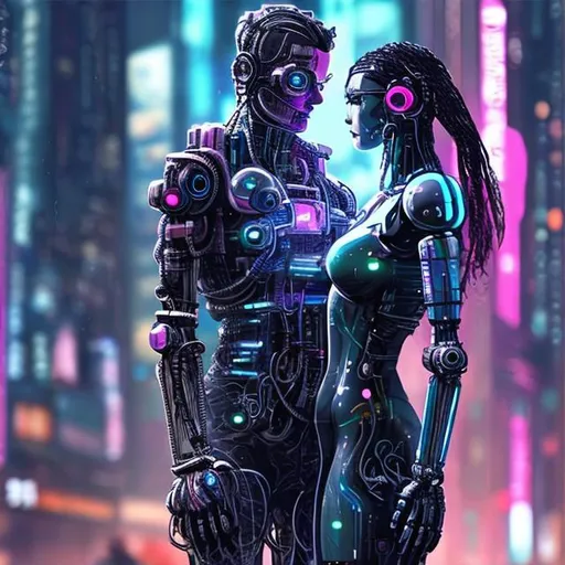 Prompt: cyberpunk robot in love with a woman