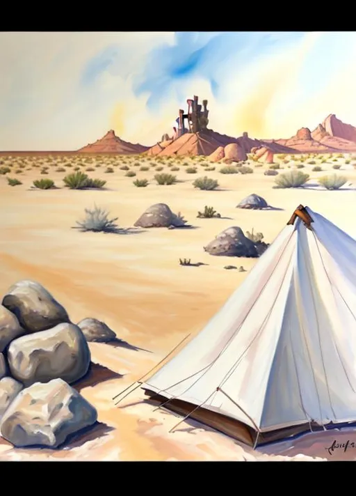 Prompt: a painting of a tent in the desert with a rock pile next to it