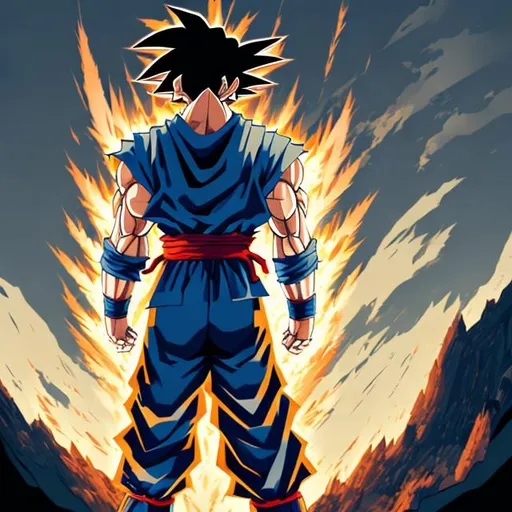 Prompt: High quality illustration of Goku, dark palette colors, amazing digital art,view from back, Goku...