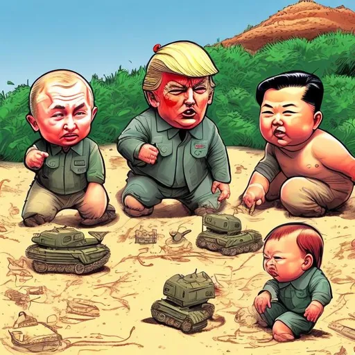 Prompt: Blood and flesh tiny Putin, little Kim Jong-Un, and little Trump as toddlers in diapers playing together  in the sandbox with sand toys and several toy tanks, Sergio Aragonés MAD cartoon style