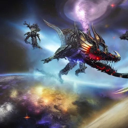 Prompt: Universe Black Hole Warhammer 40k Space Marines Riding Galaxy Dragons
 Hyper Realism Volumetric Lighting 4K 