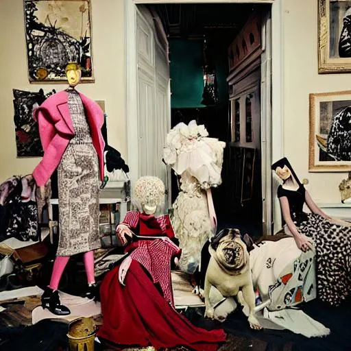 Prompt: Vogue fashion editorial beauty story model schaparielli Dora Marr Maggie Maurer mountain of clothes . Hoarders house. Beauty. Dada. mannequins. White pug. MOMA. Gertrude stein Peggy Guggenheim. Venice. New York. London. Paris. Milan. Dali. Absolutely fabulous. Christian Dior. 