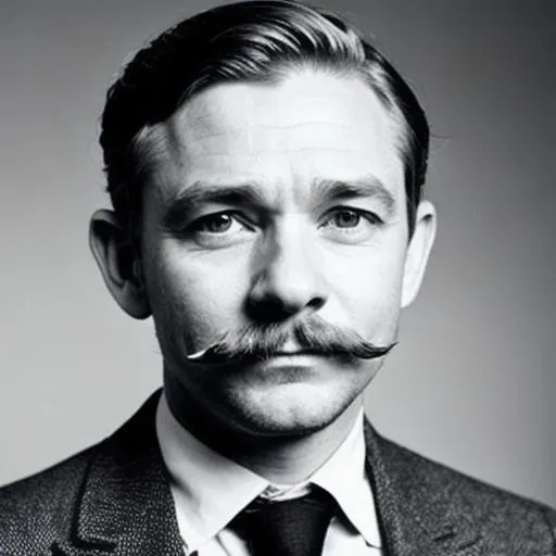 Prompt: Martin Freeman with a vintage moustache as a detective