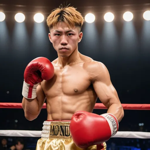 Prompt: Imagine a Japanese boxer resembling Naoya Inoue with golden and brownish hair, with an incredibly muscular physique. He's wearing huge red boxing gloves in a boxing ring.