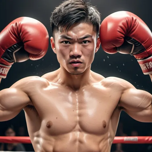Prompt: high resolution, 4k, detailed, high quality, professional, wide view
Sweaty muscle boxing guy. Big red boxing gloves. Sweaty armpits. Asian young faces. Strong punches.