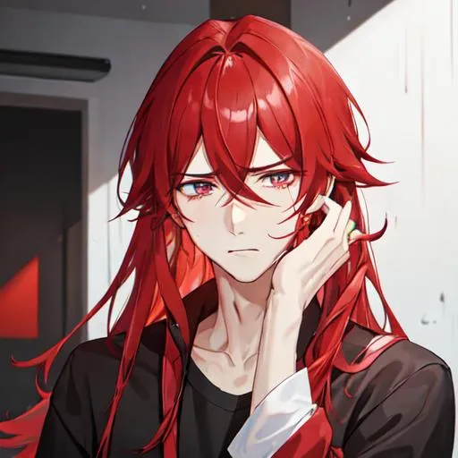 Prompt: Zerif 1male (Red side-swept hair covering his right eye) devastated, heartbroken, casual wear