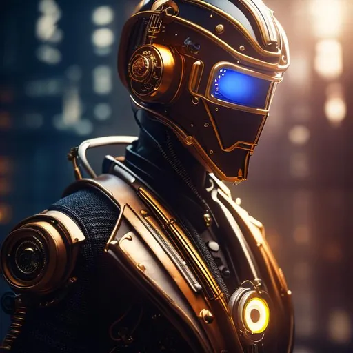Prompt: Please produce a photograph of a steampunk robotic handsome android, dark skin, with fantasy colors, flashy lights, in a dark background, high quality, trending art, trending on artstation, sharp focus, studio photo, intricate details, highly detailed, UHD, HDR, 8K, ((Masterpiece))