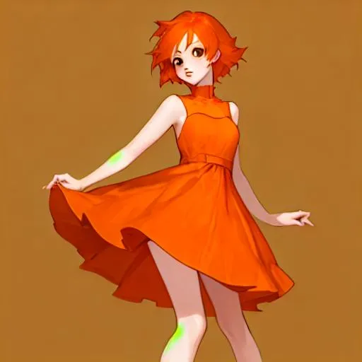 Prompt: girl with orange short hairs orange hairs  buetiful orange dress