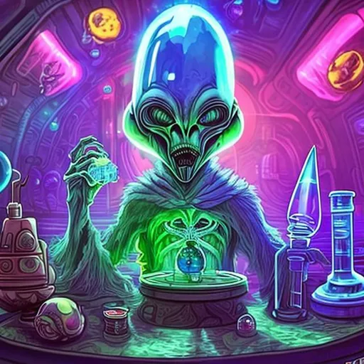 Prompt: widescreen, overhead lighting, alien smoking a crystal bong,  fancy table , in an exotic space cantina