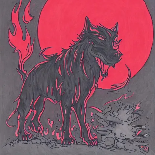 Prompt: cartoonist style hellhound with glowing eyes in a red mist
