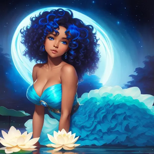 Prompt: splash art of a cute halfling woman with dark ebony skin and silver curly hair,curly hair, blue highlighs,  blue eyes, in the style of an oil painting, bright  colors, dreamy, white ball gown , gown, by Ilya Kuvshinov and Alphonse Mucha, ,  lotus flower, stars, flower, pastel colors, dreamy, in a dynamic pose, soft light, in watercolor style,